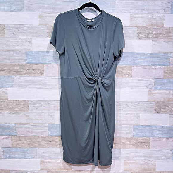 GAP Twist Knot Dress Green Tencel Jersey Stretch Short Sleeve Womens Large - Picture 2 of 7